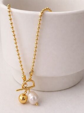 Gold Beaded Toggle Necklace | Pearl Accent | PVD Stainless Steel